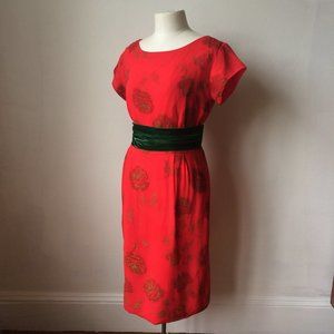 Vintage Chiffon Red Gold Wiggle Dress 50s 60s